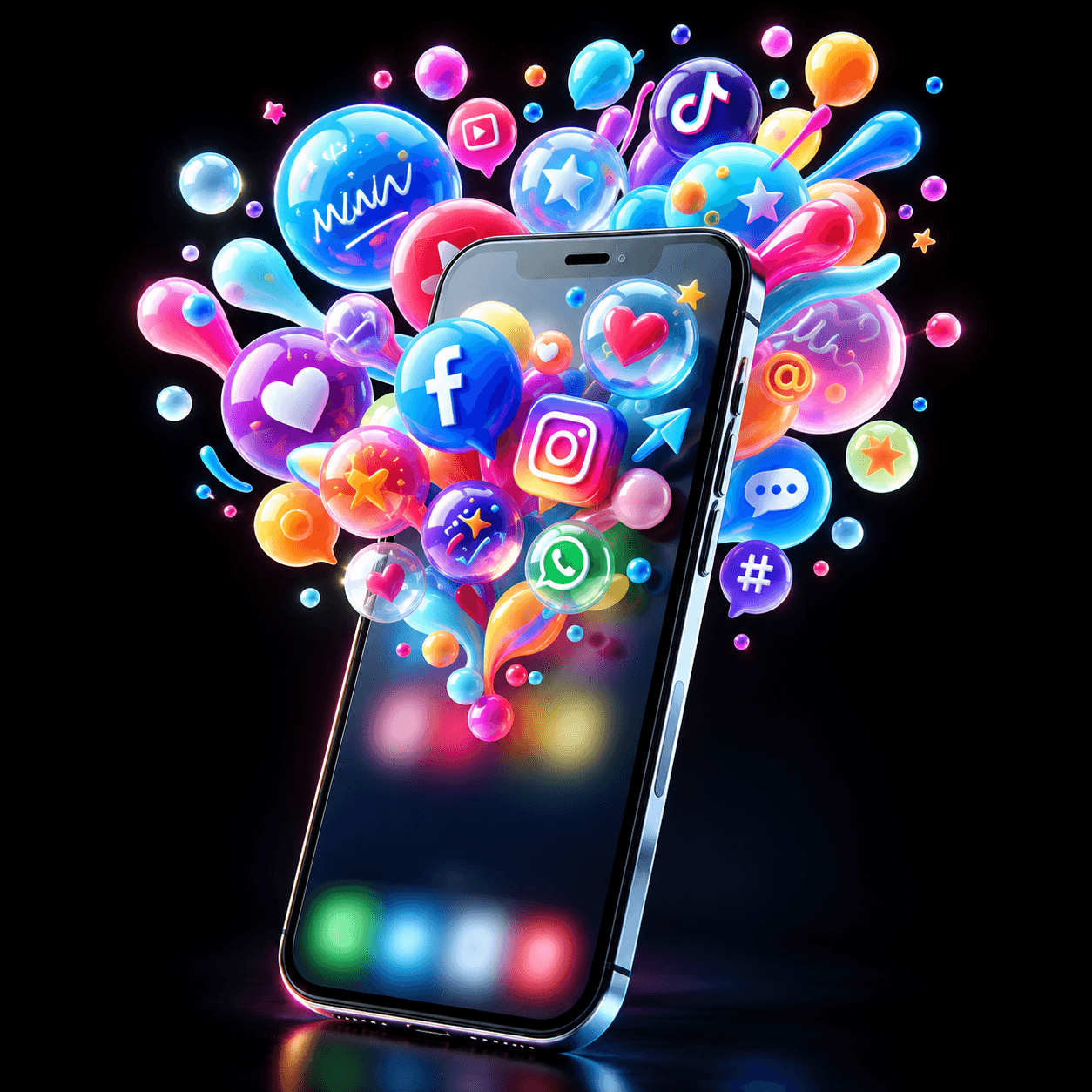 Smartphone cercado por ícones e interações de redes sociais